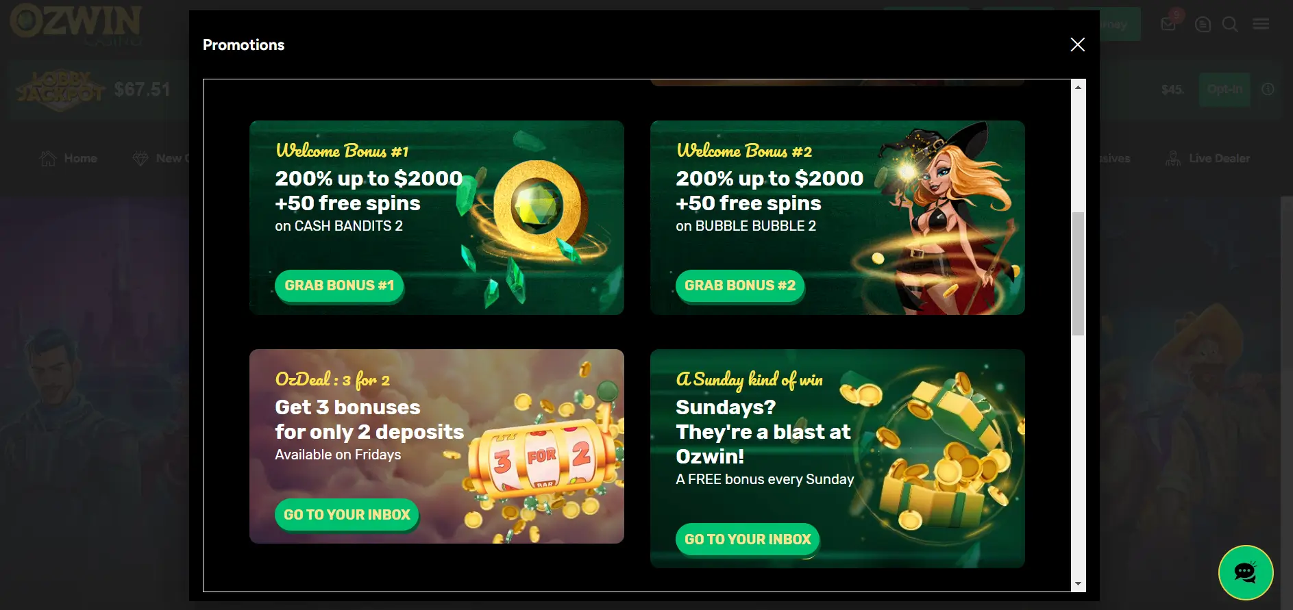 Bonuses are available deposit at Ozwin casino