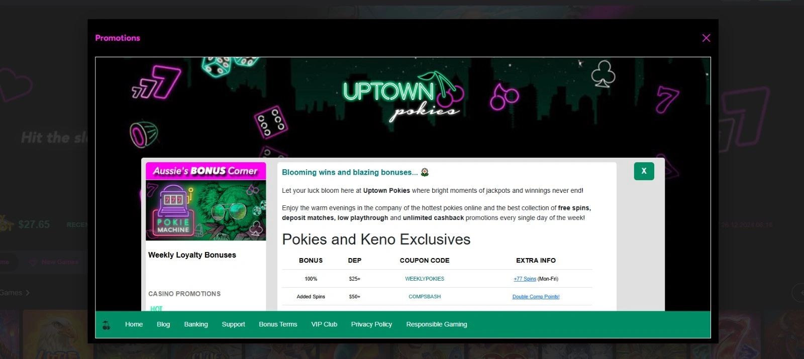 Bonuses and promotions at Uptown pokies casino